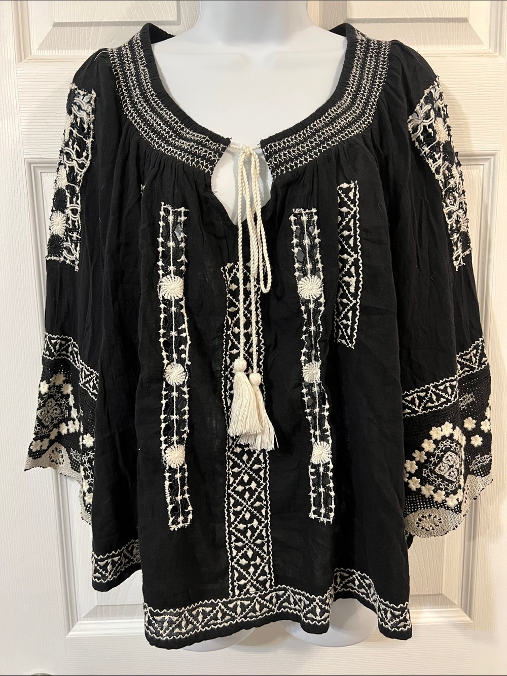 Free People Black Peasant Tunic with White Embroidery & Tassels